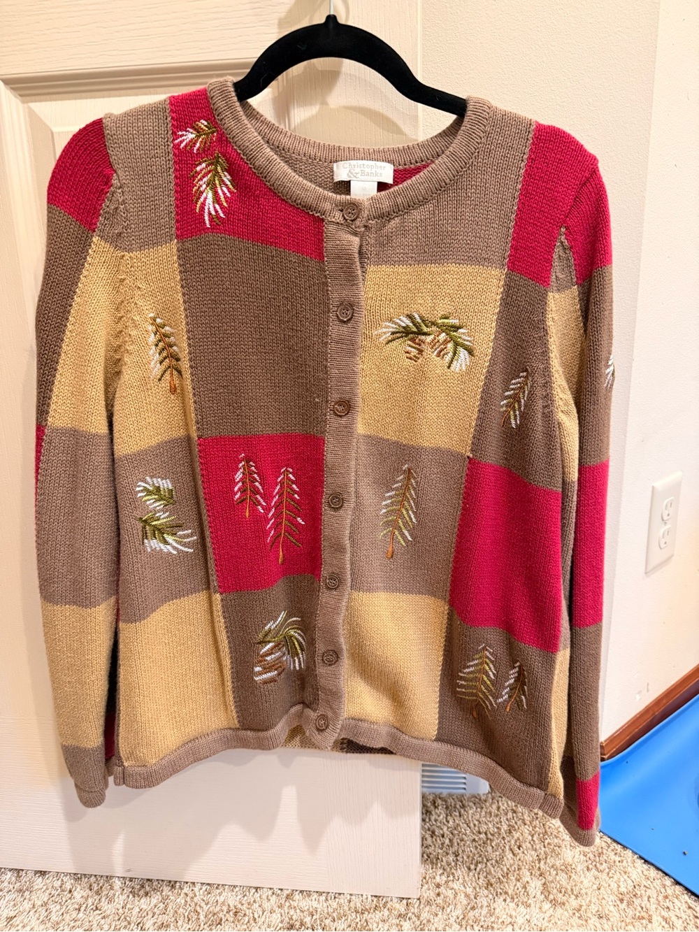 Embroidered Patchwork Button-Front Women’s Sweater - Pink, Tan, Brown